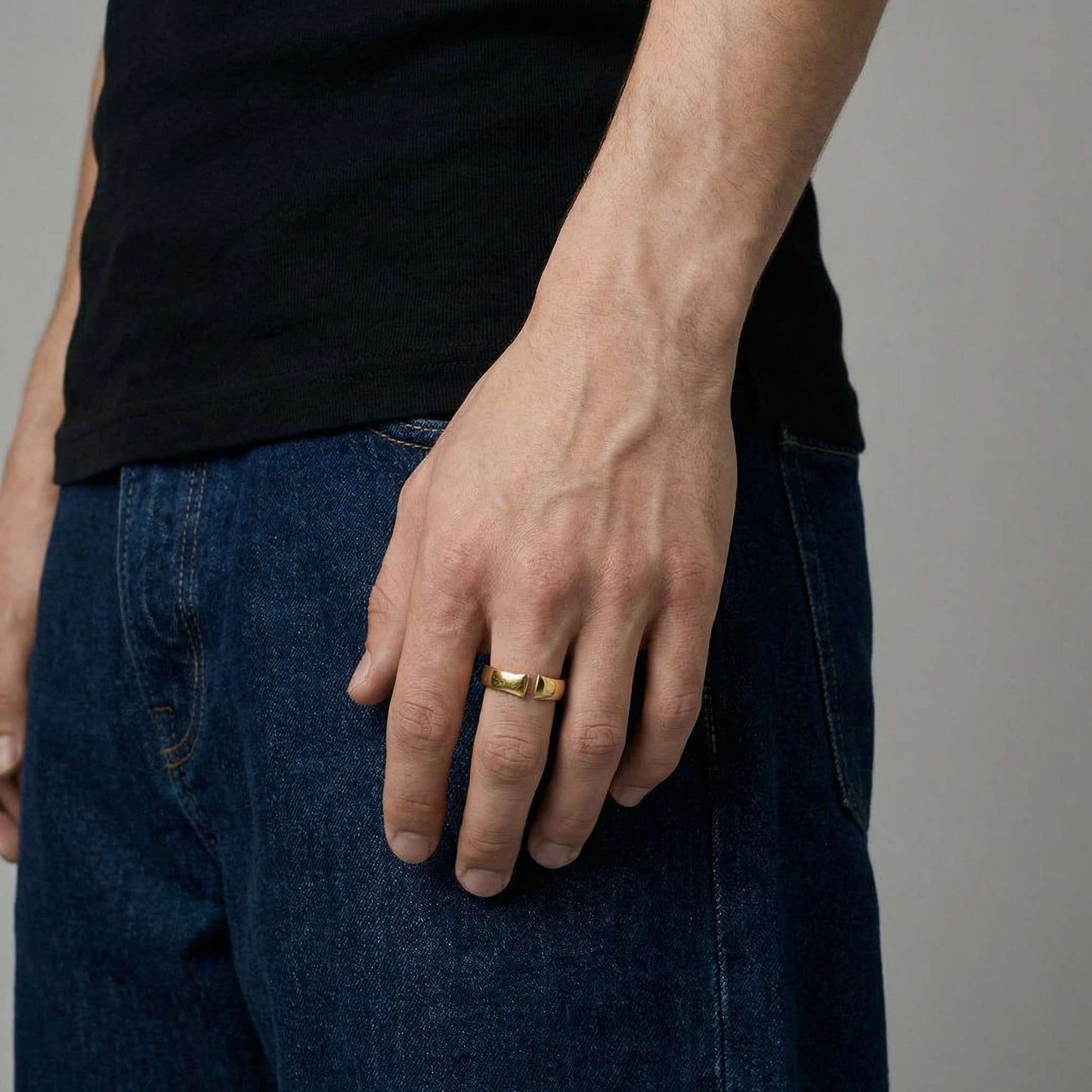 Near Perfection gold ring worn on hand - 19k gold open band ring men women | Wild Youth