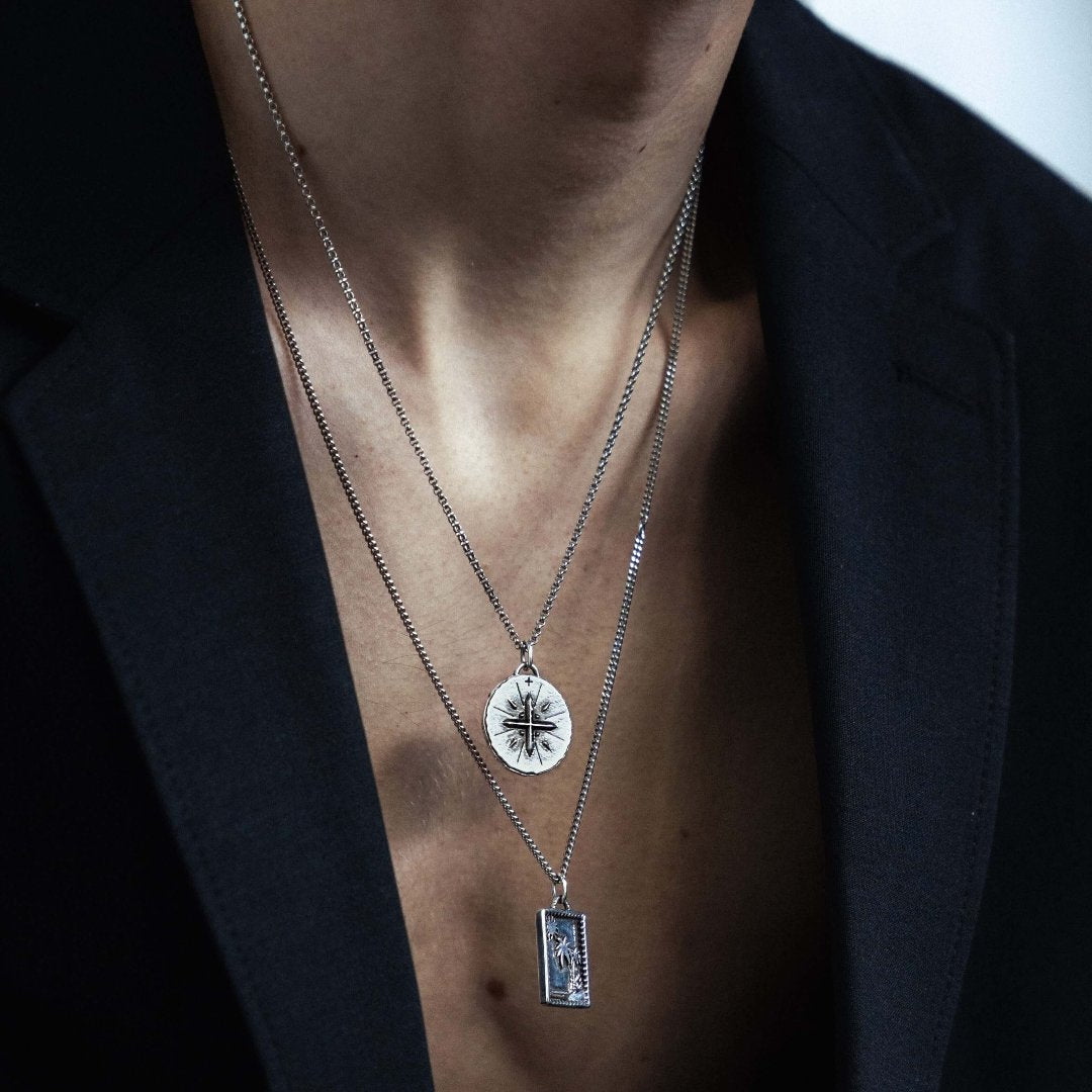 True North silver necklace worn close-up - 925 sterling silver pendant men women | Wild Youth